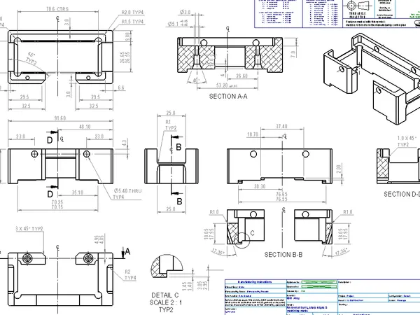 BS 8888 engineering drawing with sectioned views