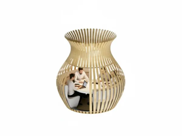 Steam-formed plywood meeting pod shaped like a flower bulb