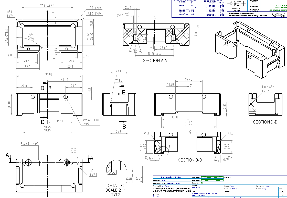 BS8888 engineering drawing with sectioned views